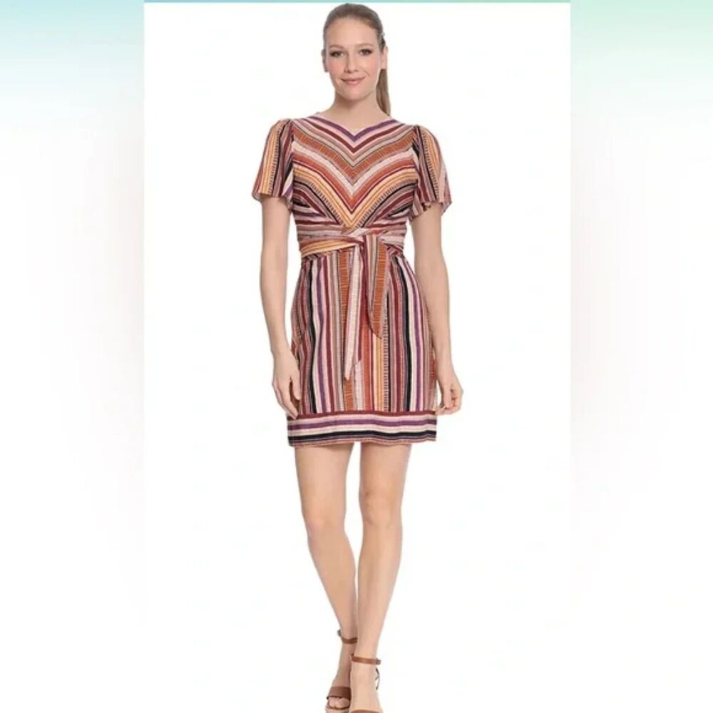 London Times Fit Flare Dress Cloud Cream Honey Ginger Striped Ethnic Size 6